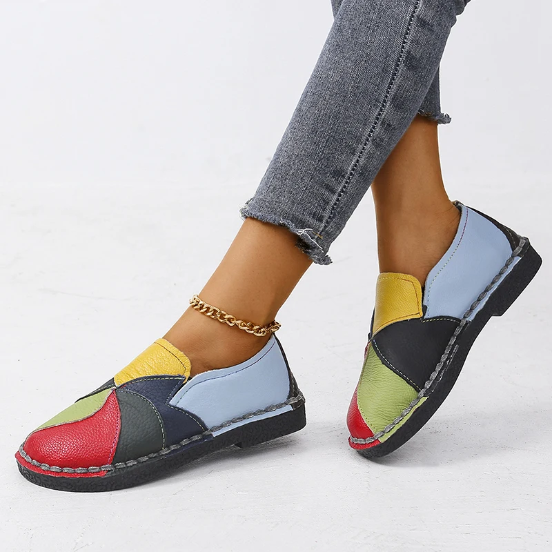 Women Loafers Patches Stitching Flat Shoes Woman Summer Flats Soft Candy Colors Genuine Leather Moccasins Loafers