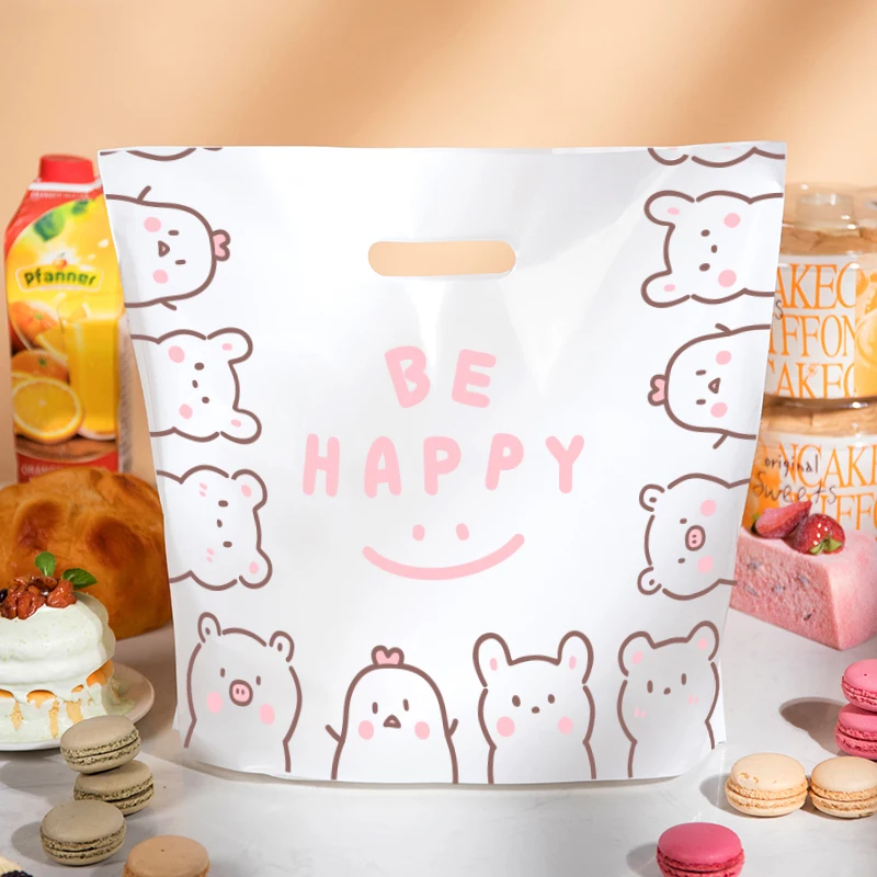 

50PCS White Transparent Lovely Letter Plastic Packaging Bags Hand Handle Cute Cake Pouch Food Dessert Flat Bottom Takeout Bag