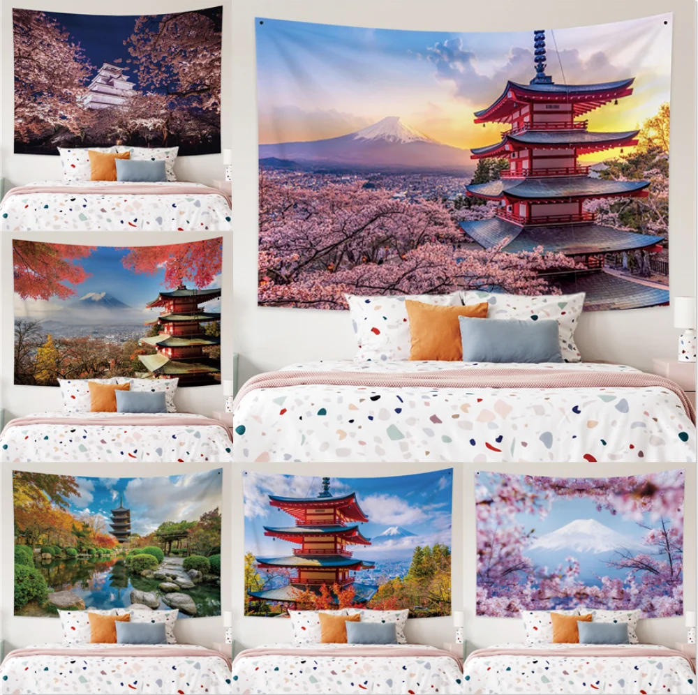 

Japan Retro Temple Mount Fuji Landscape Tapestry Pink Sky Cherry Blossoms Wall Hanging Blankets Home Art Decor Yoga Mat Bed Mat