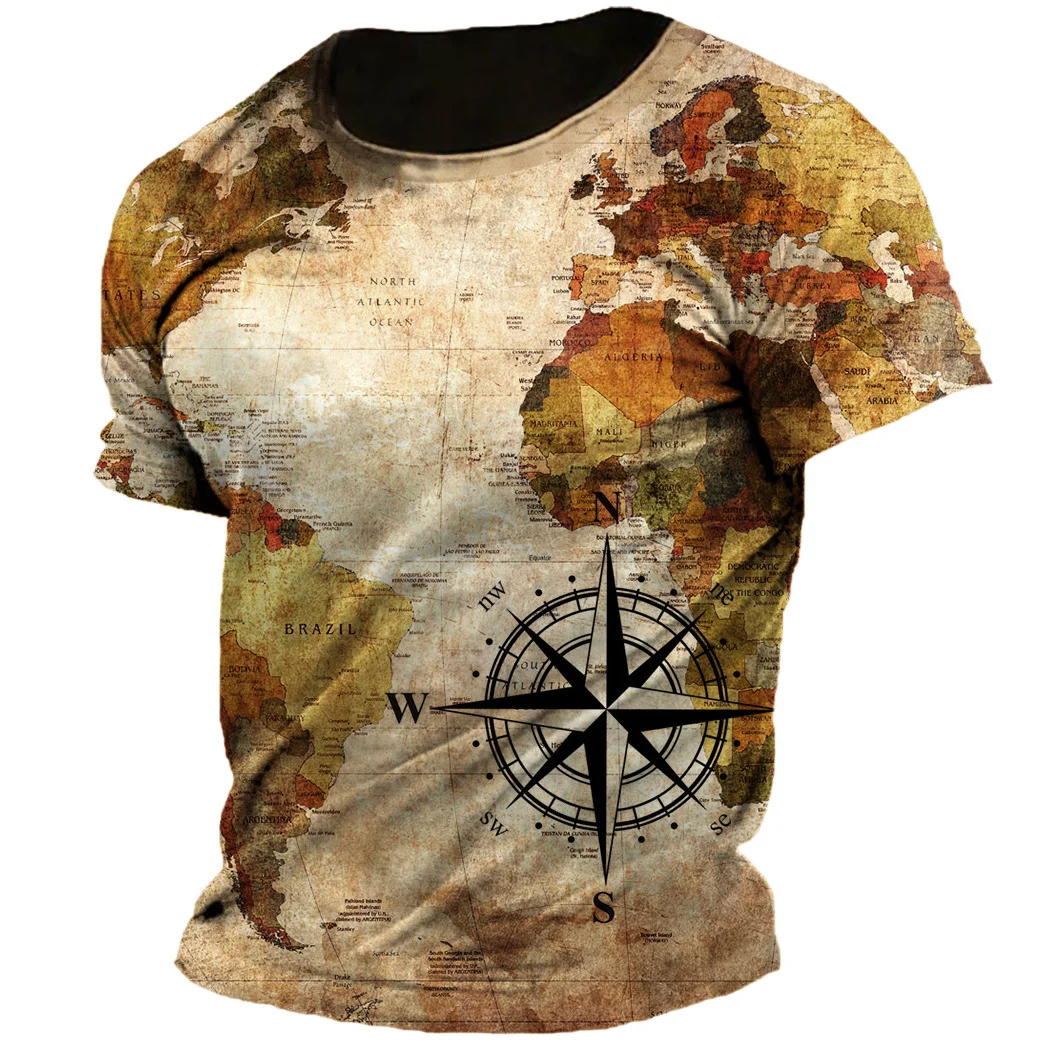 

Summer Vintage Compass Graphic Men's T-shirts Breathable Crew Neck Short Sleeve Loose Tops Outdoor Daily Unisex Clothing Apparel