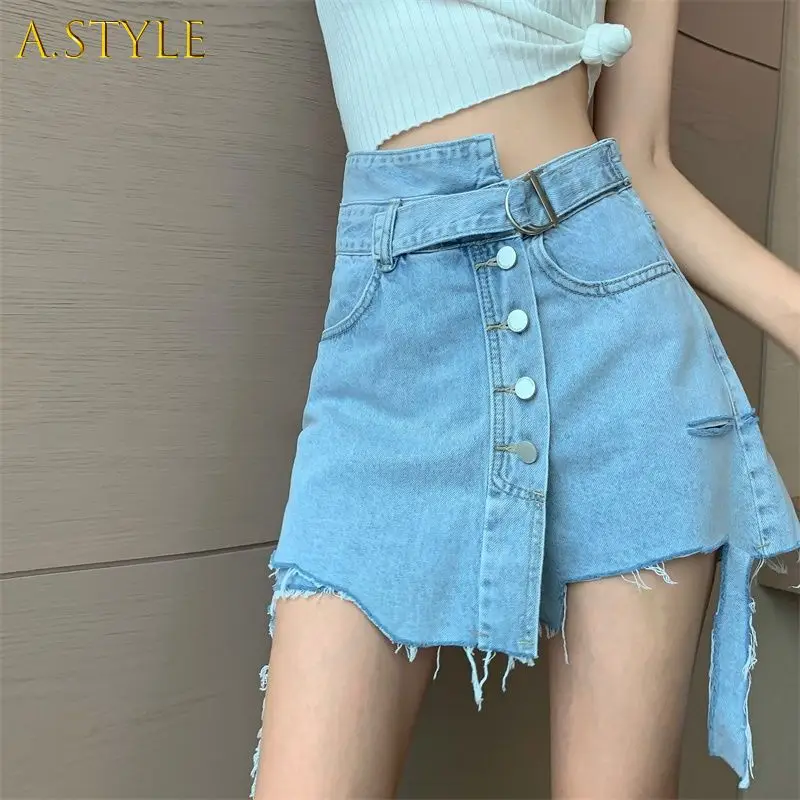 A GIRLS Shorts Women Street Style Patchwork Summer Simple Buttons Leisure Fashion Ulzzang Asymmetrical Students All-match Female