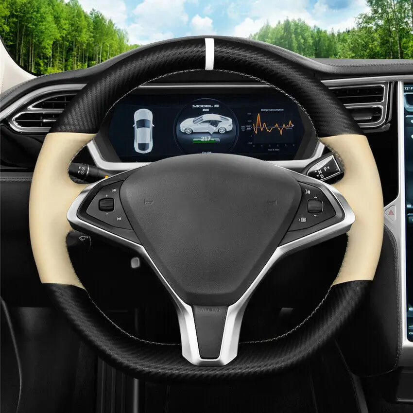 

Carbon Fiber& Beige Leather Steering Wheel Stitch on Cover For Tesla Model X