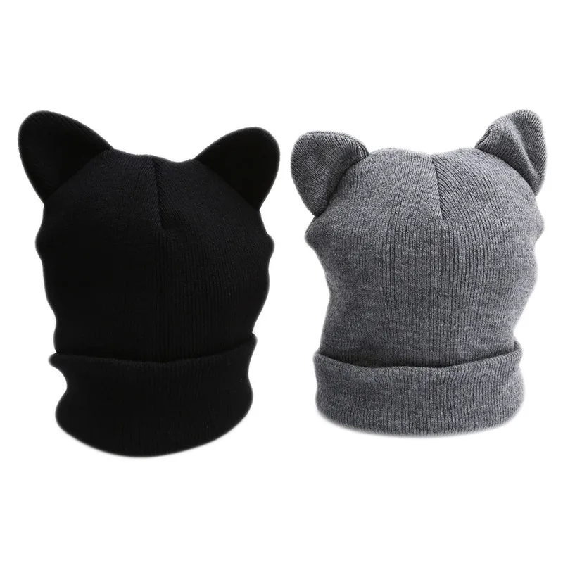 

Women Wool Cap Hats Spring Gray Black Hat Fashion Cat Ears Knitted Hat Lovely Funny Winter Warm Beanie Hat