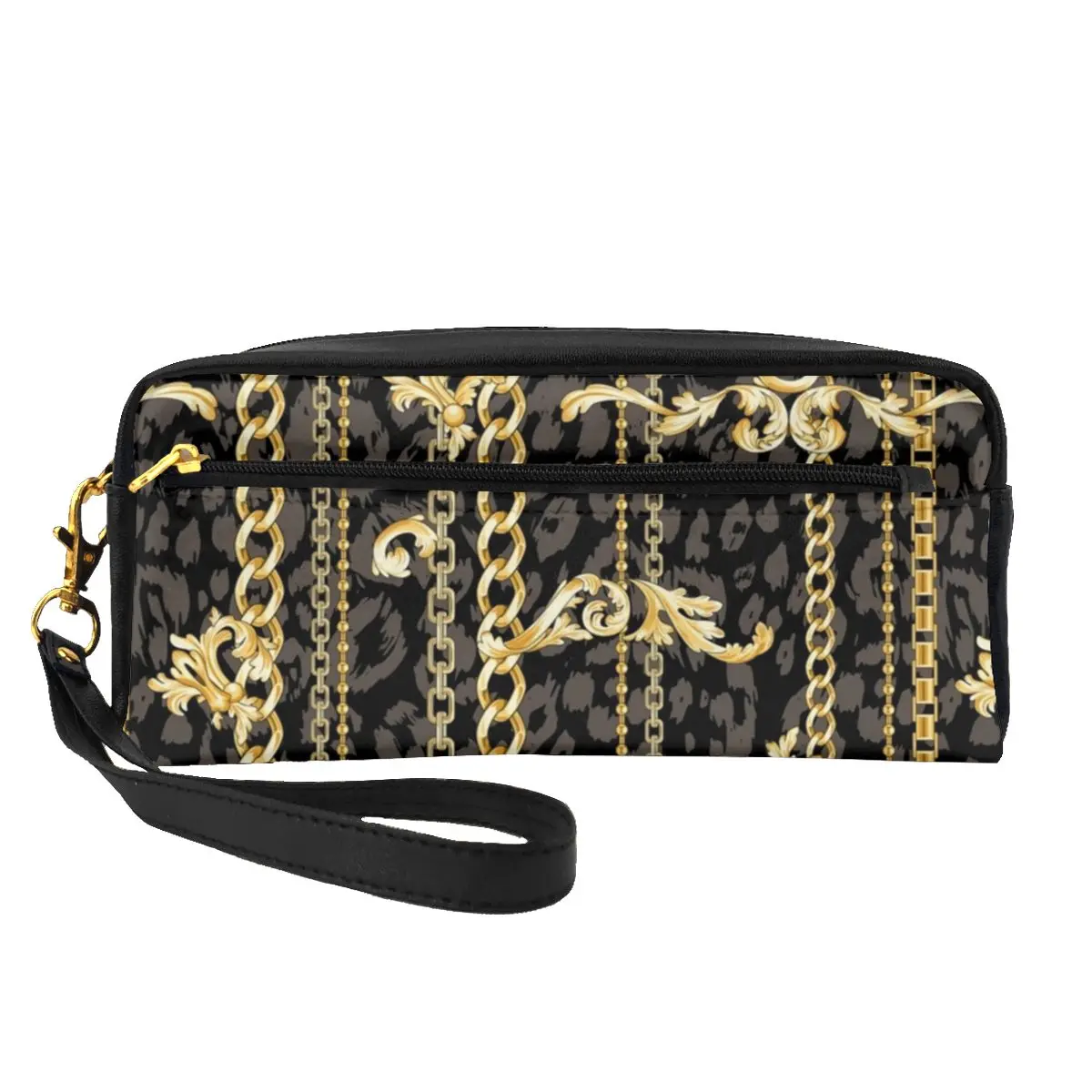 

Golden Chains Print Leather Storage Organizers Gold Paisley Large Capacity Travel Makeup Pouch For Girl Cosmetic Bags