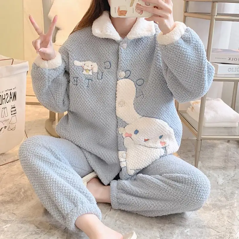 

New Kawaii Flannel Pajamas Sanrio Cinnamoroll Cute Anime Thickened Cashmere Winter Plush Warm Coral Wool Cover Christmas Gift