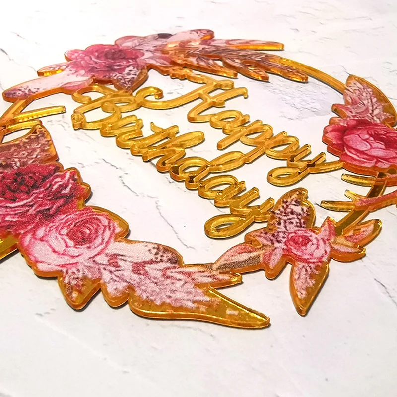 Promotional Cake Topper Acrylic Gold Mirror Cupcake Kids Birthday Party Happy Decorations Baby Shower |