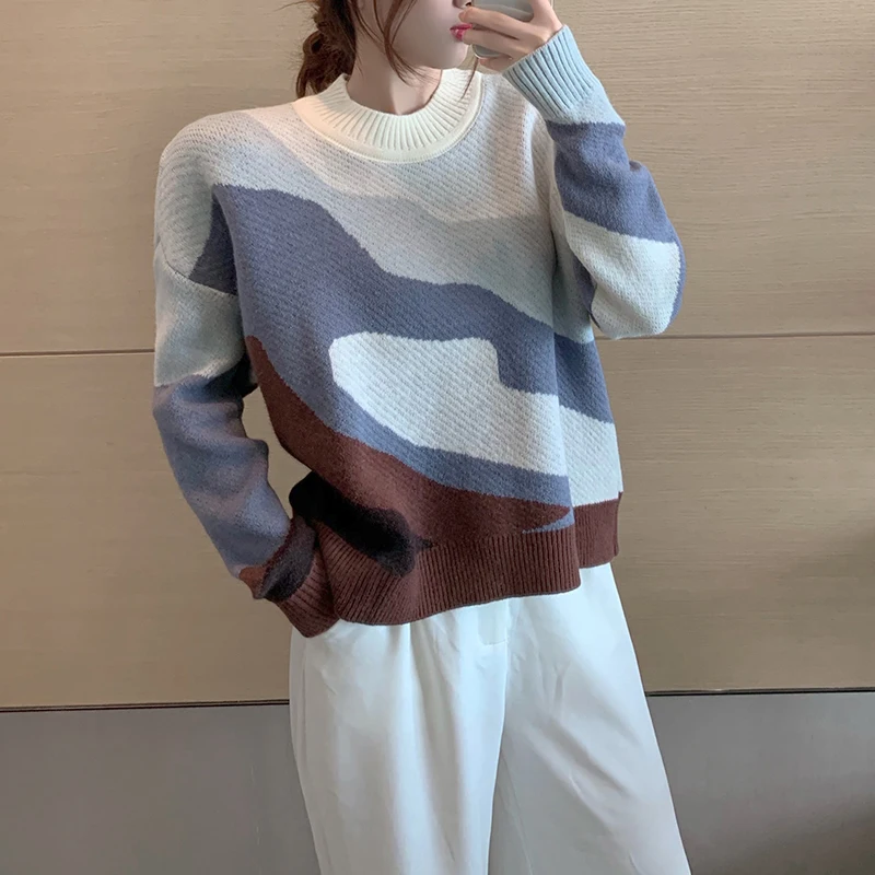 

Autumn Winter Color Matching Sweater Knitted Pullover Female Long Sleeve Jumper Casual Loose Sweaters
