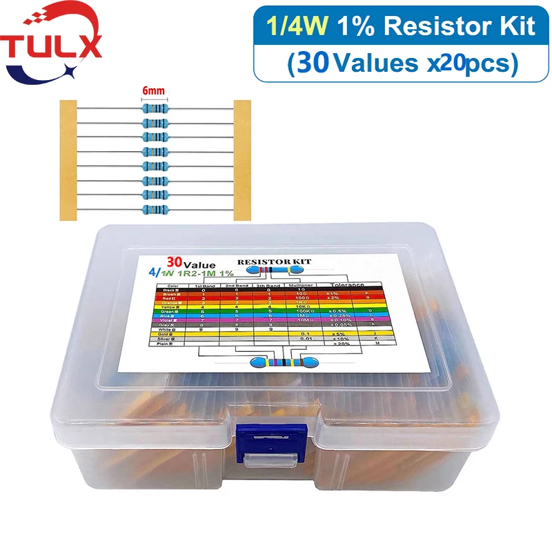 

600pcs/lot 30Values* 20pcs 1% 1/4 W resistor pack set diy Metal Film Resistor kit use colored ring resistance (10 ohms~1 M ohm)