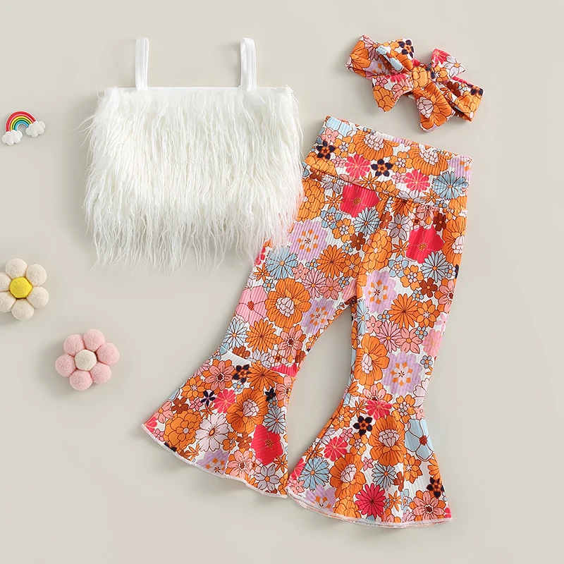 

Летние комплекты детской повседневной одежды для девочек, топ на бретельках с открытой спиной и перьями, расклешенные штаны с колокольчиками, милые наряды в цветочек