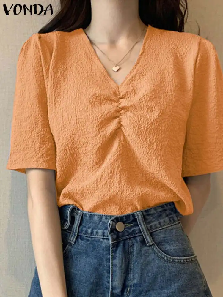 

2022 модные летние блузки VONDA, женские пикантные плиссированные рубашки с V-образным вырезом и коротким рукавом Вечерние Повседневные однотон...