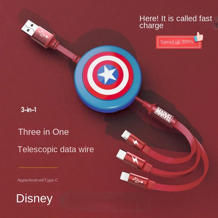 

Disney data cable three in one telescopic charging cable one pull three fast three heads for Apple Android typec automotive cute