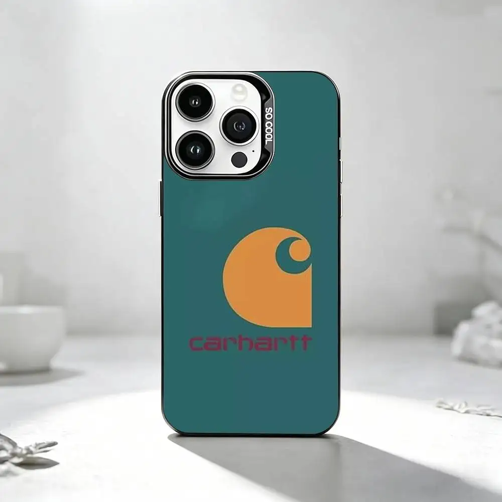 Фото Кожаный чехол C-Carhartt с логотипом для iPhone 17, 16, 15, 14, 13, 12, 11 Plus, Pro Max, XS, цветной, серебристо-черный №2