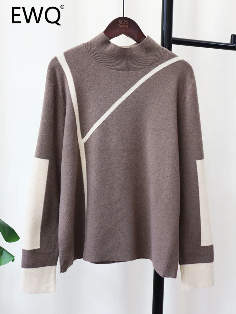 

EWQ Sweet Chic Women's Pullover Sweater Contrast Color High Neck Knitted Patchwork Female Sweaters Autumn 2023 New 27SN3398