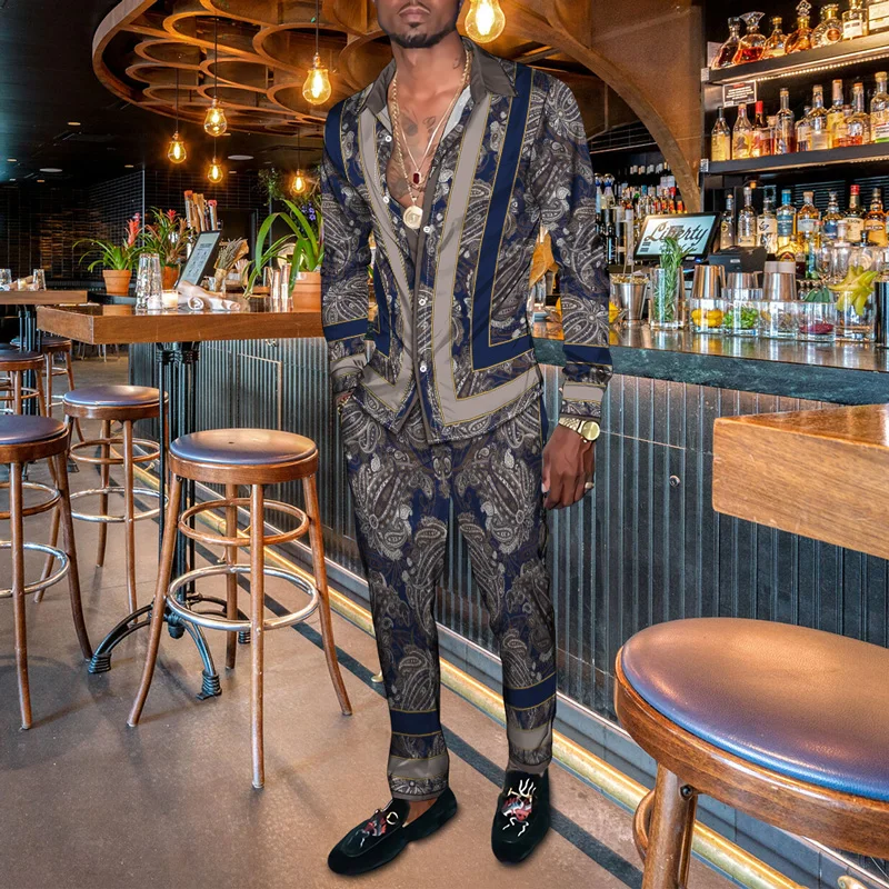 Men's Long-Sleeve Button-up Shirt Trousers Two-piece Suit Slim Business Shirt Male Retro Style Printed Formal Men's Clothes