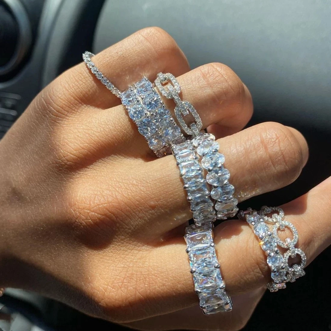 

JMK INS Hot Luxury AAA Baguette Cubic Zircon Wedding Rings For Women Fashion Finger Silver Rings T Shape Stone Party Jewelry