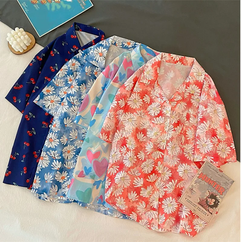 

Summer Shirts Women Floral Cherry Printed Casual Korean Style All-match Loose Blouse Lady Basic Shirt Oversize Streetwear Tops