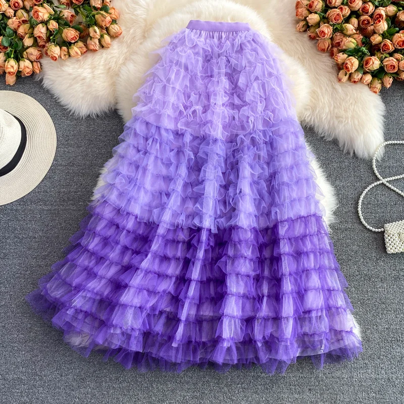 

Midi Long Skirts Womens Maxi Skirt Goth Lolita Autumn High Waisted Mesh Pleated Ruched Ruffle Skirts Colored Skirts Female