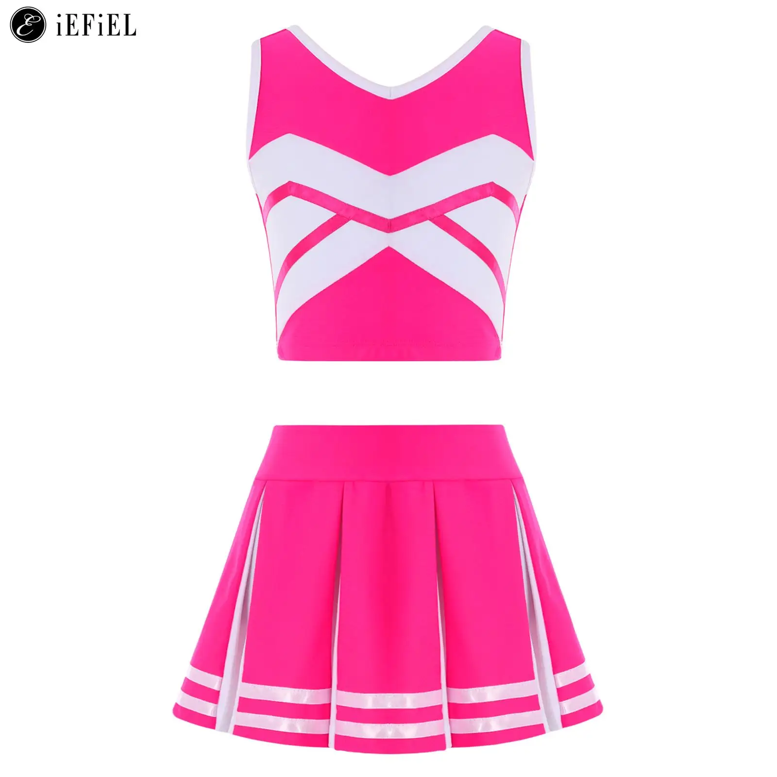 

Kids Girls 2 Piece High School Cheerleading Uniform Cheerleader Dance Competition Cosplay Fancy Dress Outfit Halloween Costume