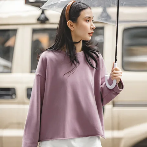 Maden Women’s Casual Hoodie Loose O-Neck Long Sleeves T-Shirt Cotton Pullovers Basic Sweatshirt Solid Color 2023 Spring New