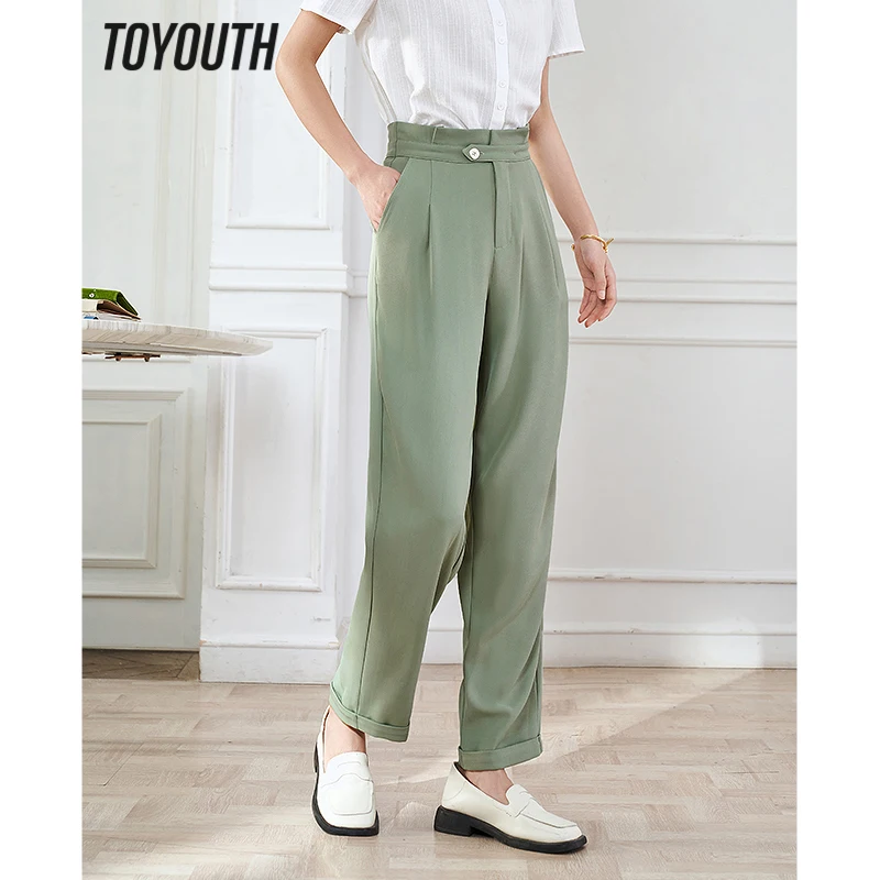 Toyouth Women Pants 2023 Summer Back Waist Elastic Straight Loose Trousers Vintage Versatile Casual Coffee Green Pants