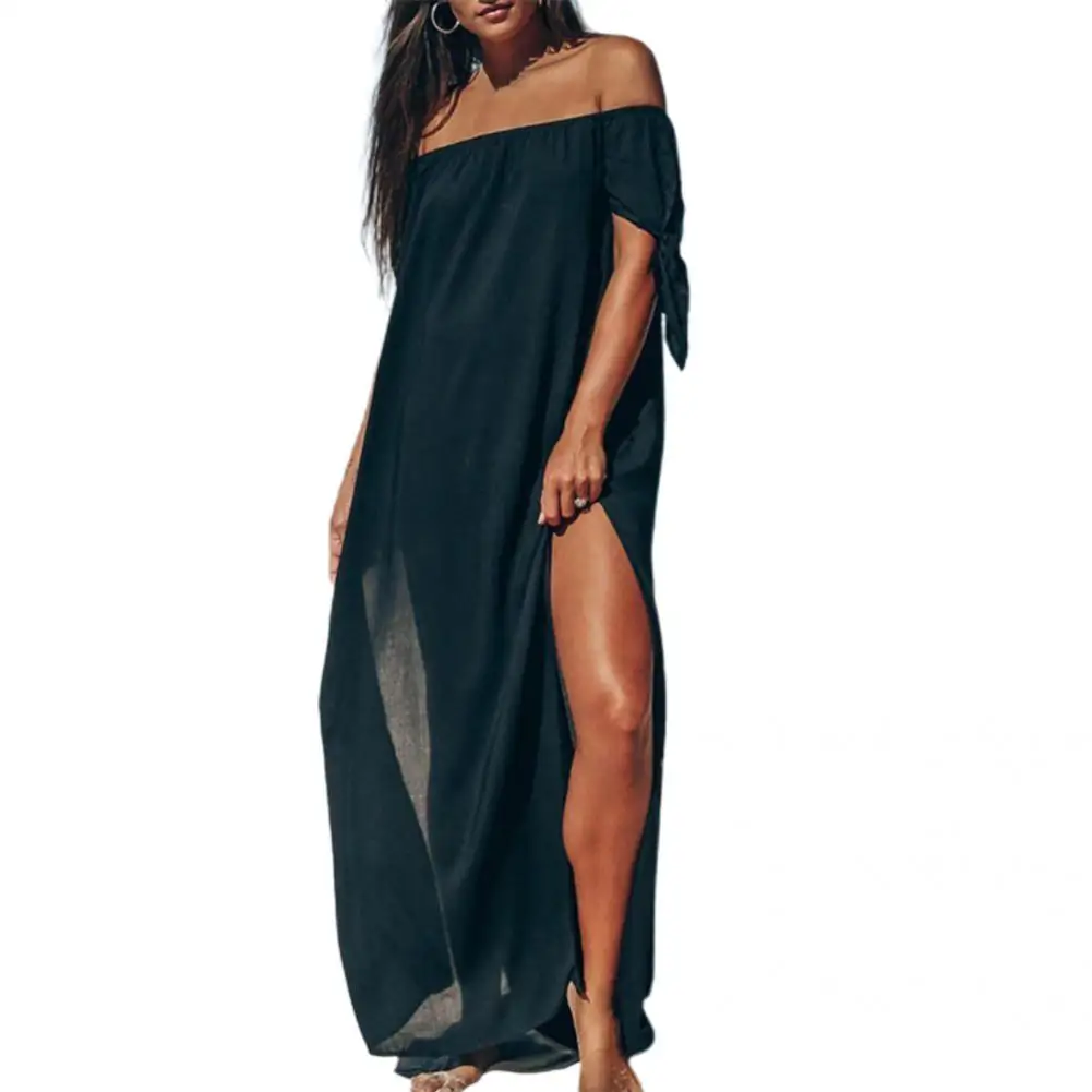 

Swimwear Dress Boat Neck Bikini Dress Pure Color Beachwear Dress