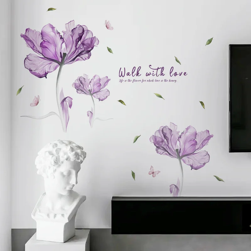 

1 Set Romantic Purple Flowers Wall Stickers Sofa Background Wall Decor Self-adhesive Stickers Living Room Bedroom Art Wall Decal