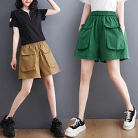 casual big pockets cotton linen shorts women oversized loose 2022 summer art style all match elastic waist wide leg shorts