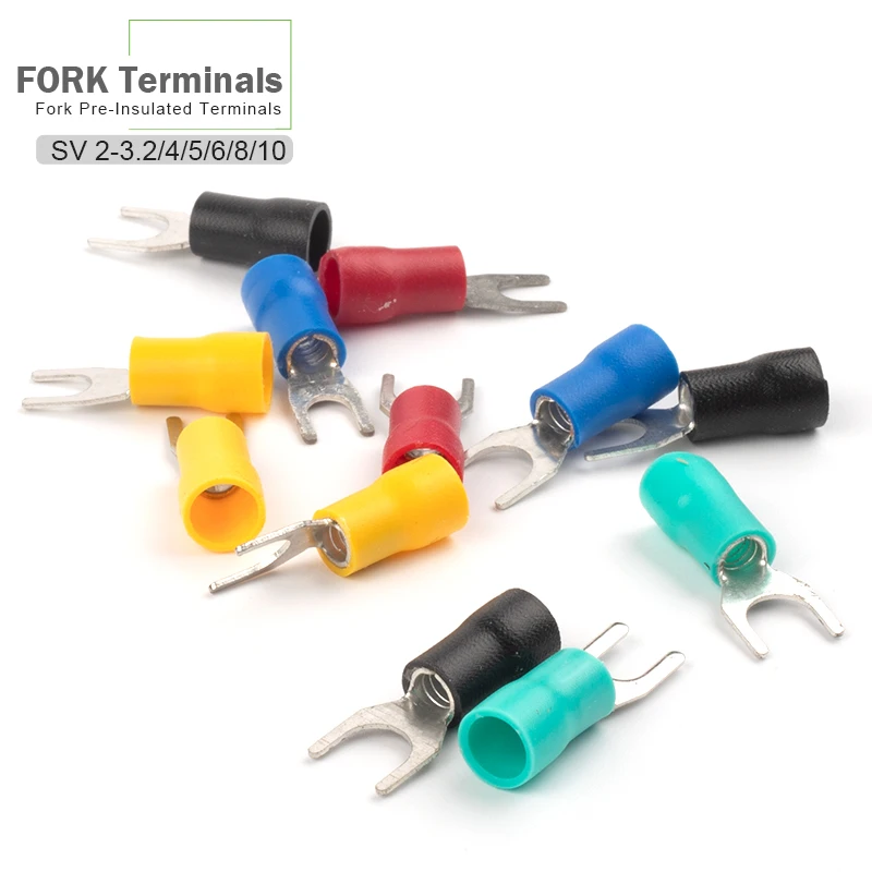 

100PCS SV2-3/4/5/6 Insulated Fork Type Wire Connector Electrical Insulate Crimp Spade Terminal 16-14 AWG