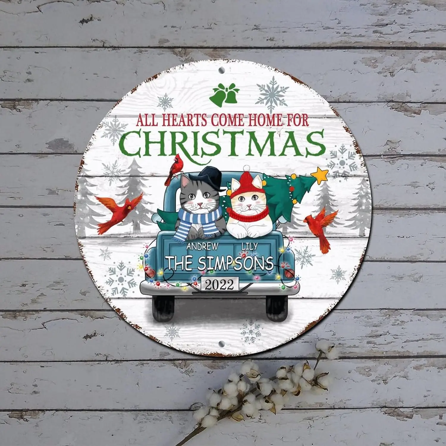 Знак с Рождеством все сердца Come Home индивидуальное семейное имя кошки грузовик