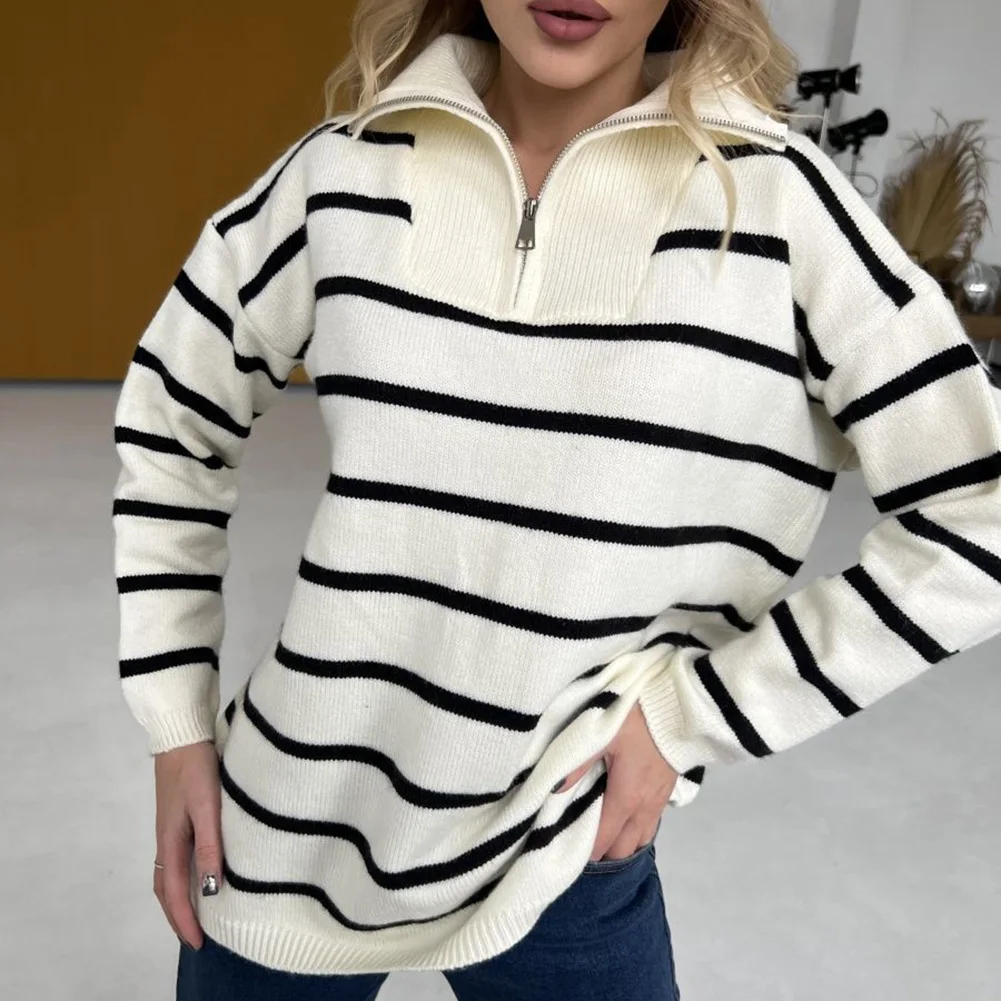 

Women Sweet Comfortable Zip Up Striped Long-Sleeved Striped Soft Fashion Loose Sweater Tops Ladies Lapel Casual Knit Jacket