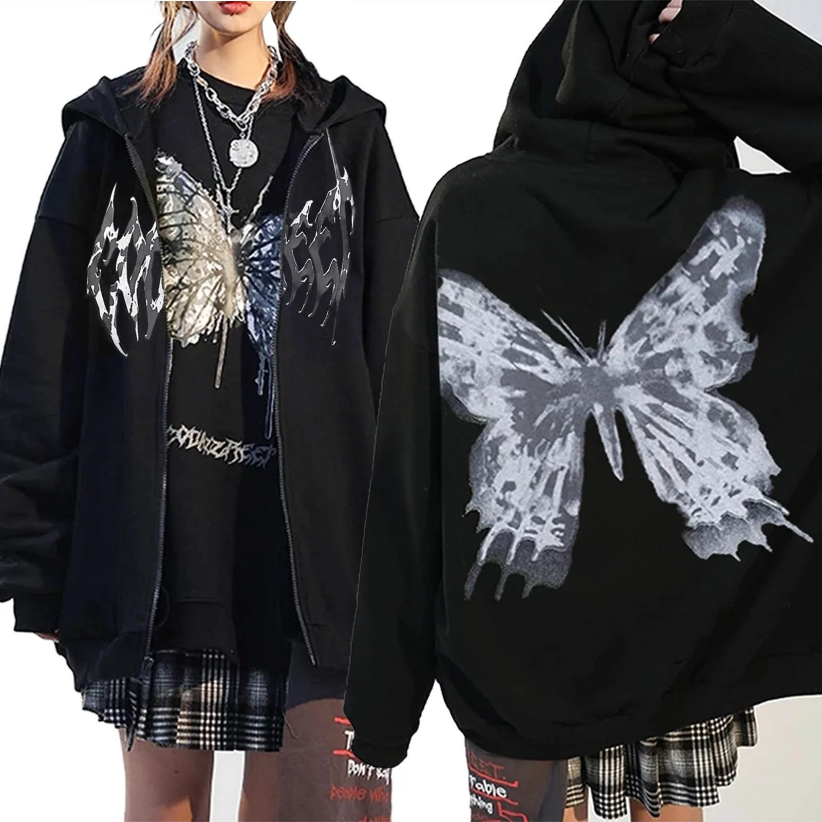 

Punk Long Sleeve Hoodies Y2k Womens Cloth Solid Butterfly Zipper Jacket Female Grunge Korean Hooded Pullovers Black Zip Up Jumpe