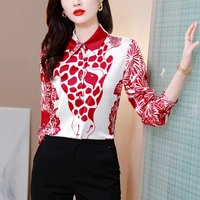 summer womens shirt long sleeves korean fashion printing poplin casual loose lapels houthion
