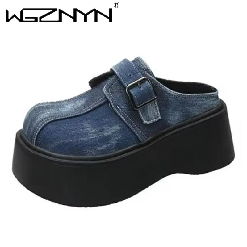 Джинсовые женские тапочки на танкетке роскошные массивные кроссовки 7 5 см