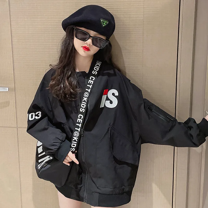 

Baseball Jacket Girls Teenager Autumn Coat Loose Green Black Color Outerwear 10 12 13 Years Old Children's Clothing