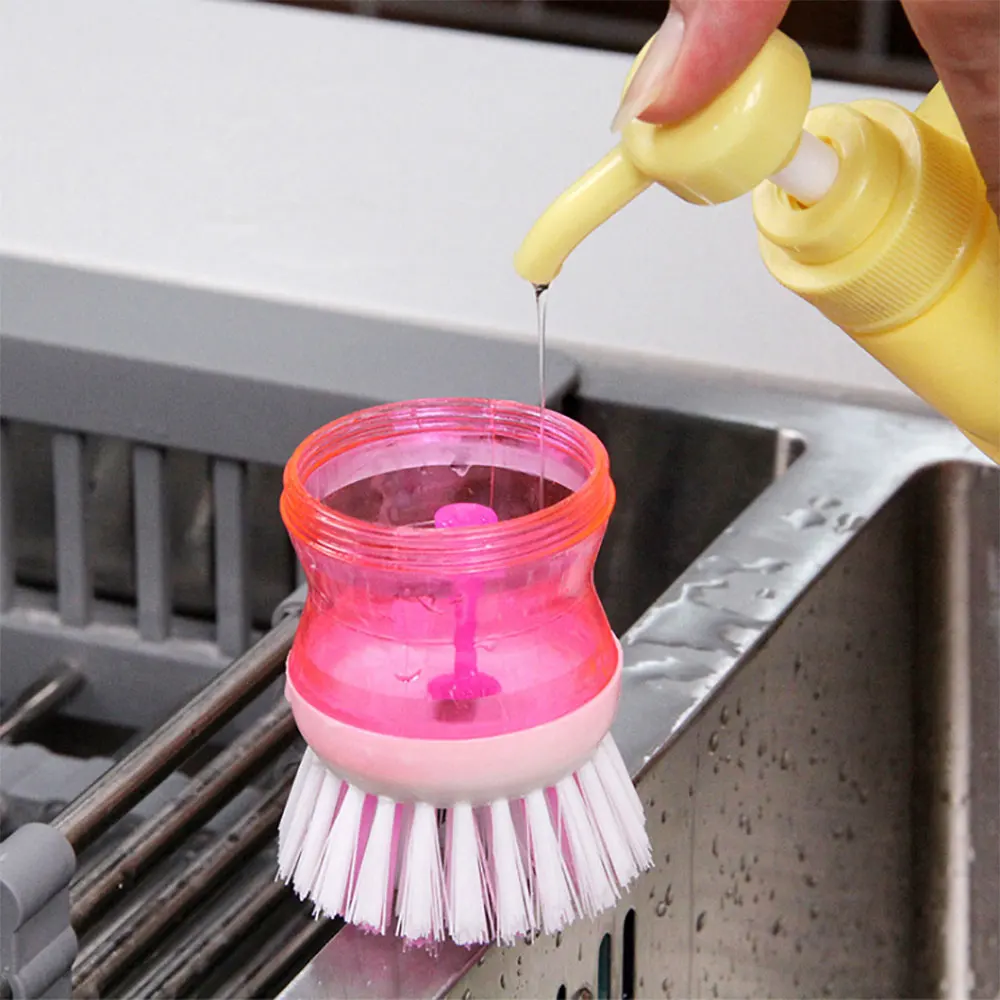 

Silicone world Kitchen Cleaning brush Cleaner Handheld Press Type Automatic Liquid Adding Dishwashing Dish Brush Pot Artifact