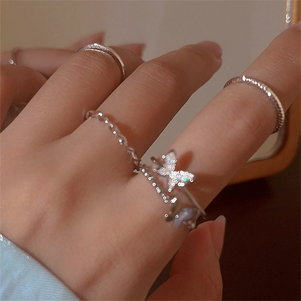 Bohemian Gold Color Butterfly Rings Set For Women Fashion Shiny Crystal Geometric Flower Knuckle Finger Ring Jewelry Adjustable