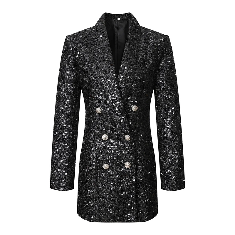High Quality Fashion Designer Blazer Women Double Lion Buttons Shawl Collar Glitter Sequined Long Runway Black Blazers