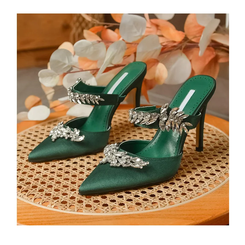 New Mules Shallow Pointed Toe, Black Silk Face Wheat Ear Rhinestones Wedding Parties Casual Fashion Sandals  Heels Women
