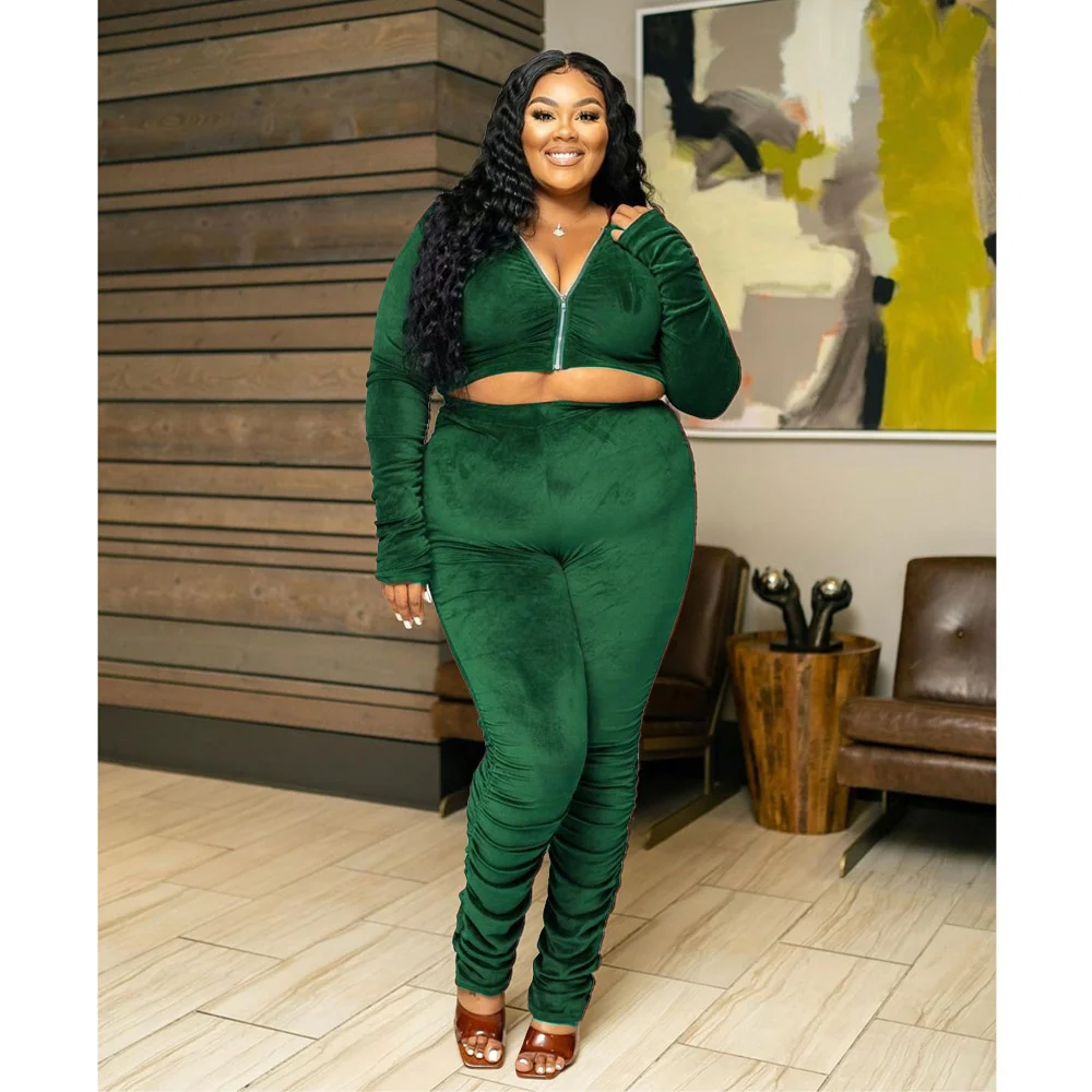 

Plus Size Two Piece Set Women's Autumn New Solid Velvet Casual Suit Sexy V Neck Zipper Top and Trousers Suit Leggings Outfit