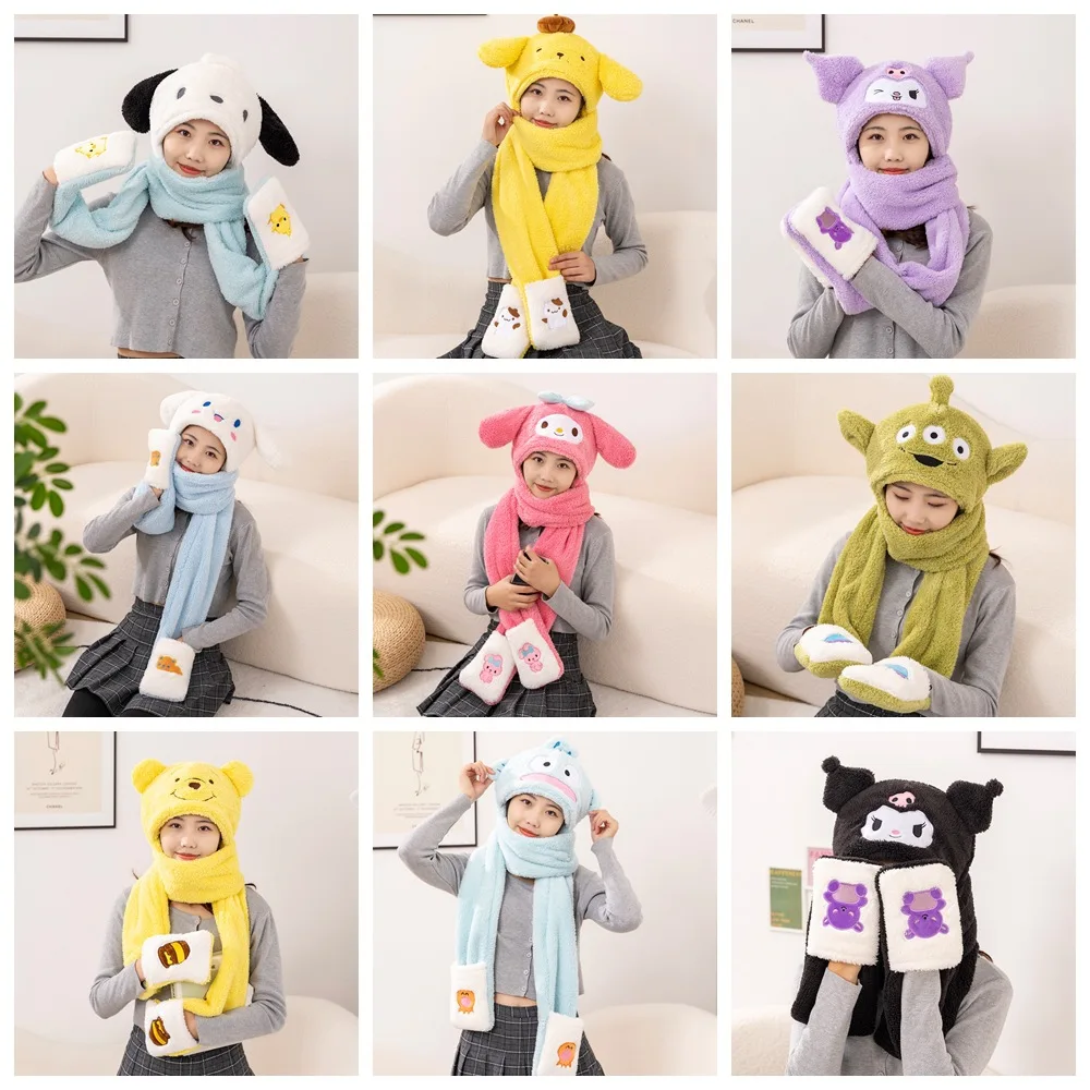 

Кавайная шапка Sanrio Kuromi Cinnamoroll Melody Hello Kitty плюшевая шапка шарф перчатки три в одном уличный теплый зимний подарок для взрослых и детей