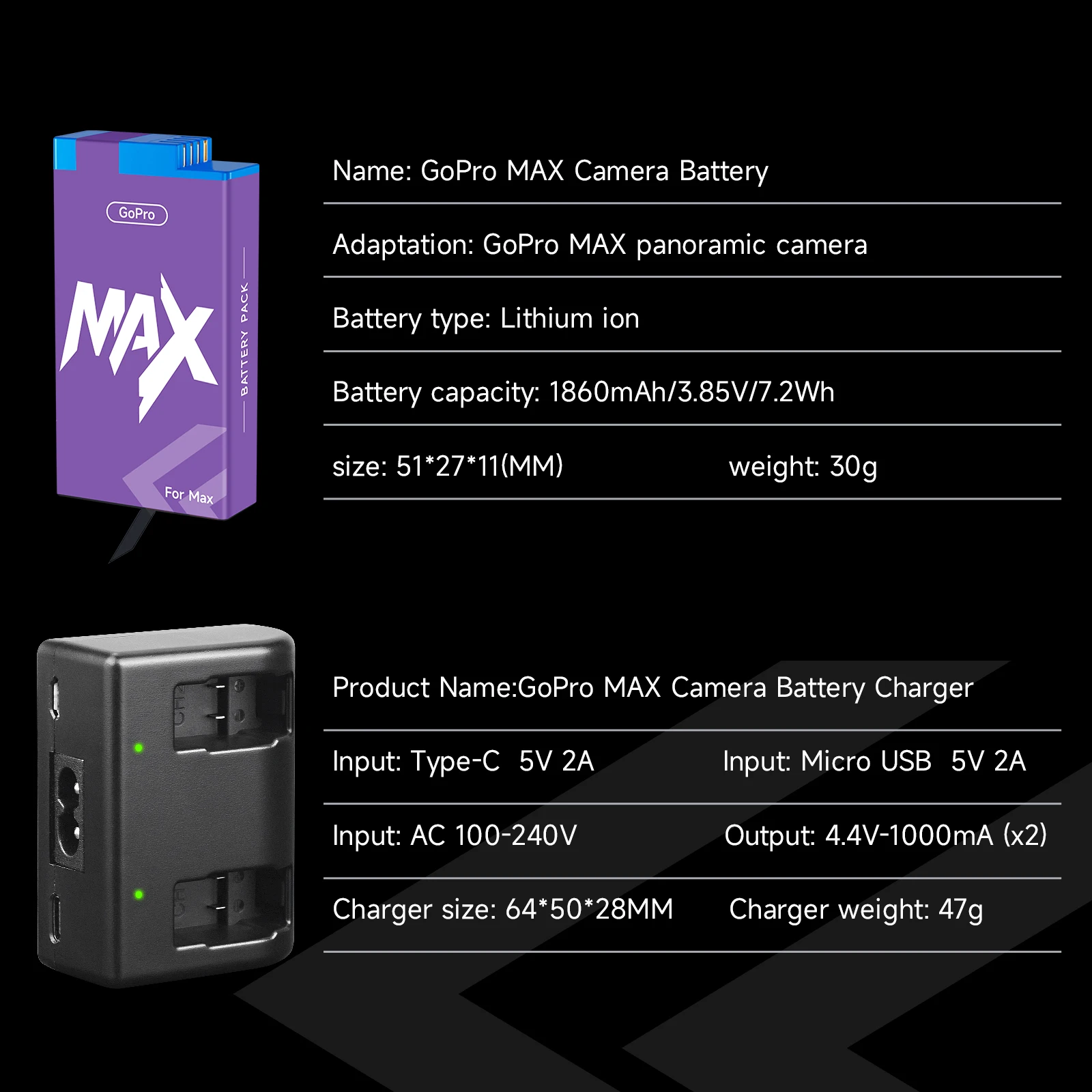 Аккумулятор для камеры Go Pro Max GOPRO Hero MAX 360 со светодиодным зарядным устройством для GoPro Max 360, панорамный аккумулятор для камеры движения, аксессуары (art.: 3920ce7550ced) - 3920ce7550ced