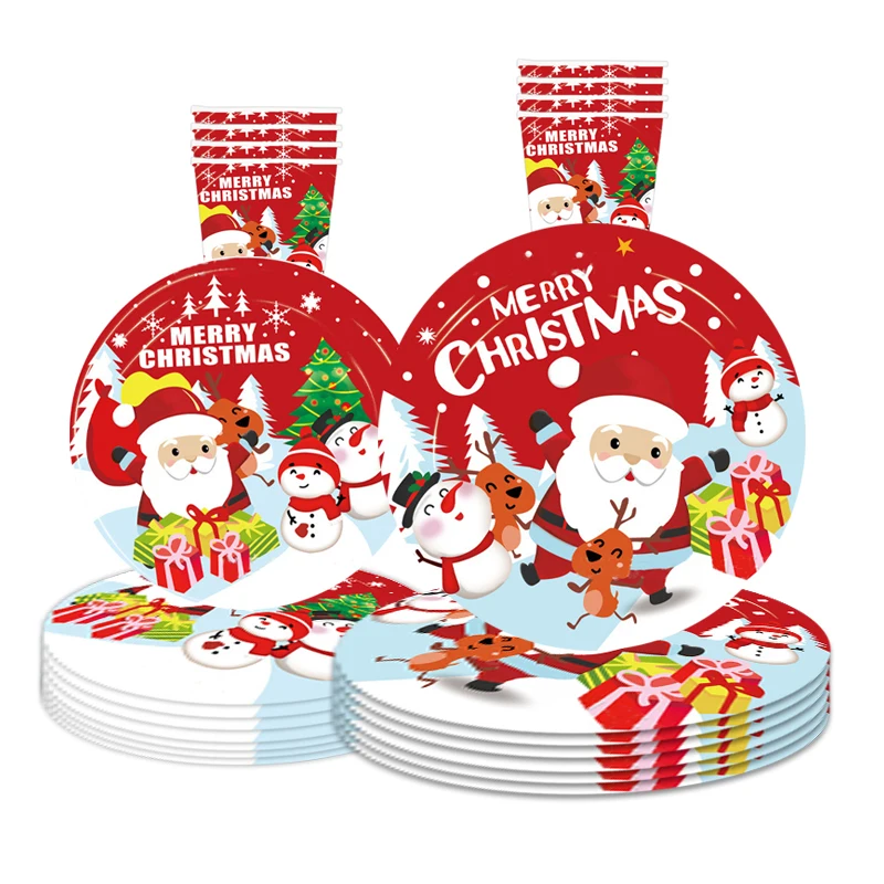 

10 Guests Christmas Tableware Cute Cartoon Santa Claus Plates Cups Napkins 2022 Noel Merry Christmas Supplies Kids Favor