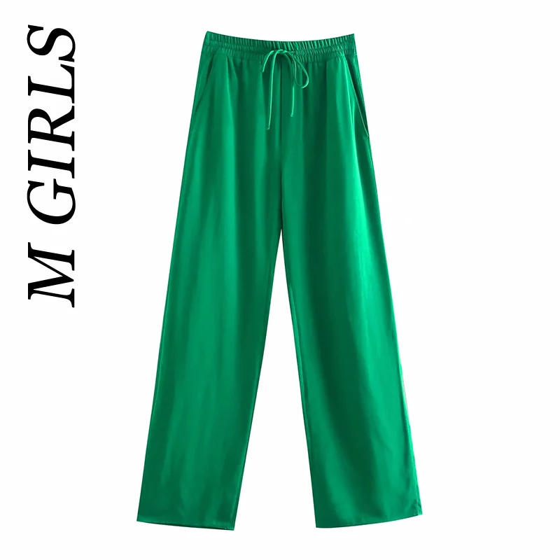 

M GIRLS Women Chic Fashion Side Pockets Loose Wide Leg Pants Vintage High Elastic Waist Drawstring Female Trousers Mujer