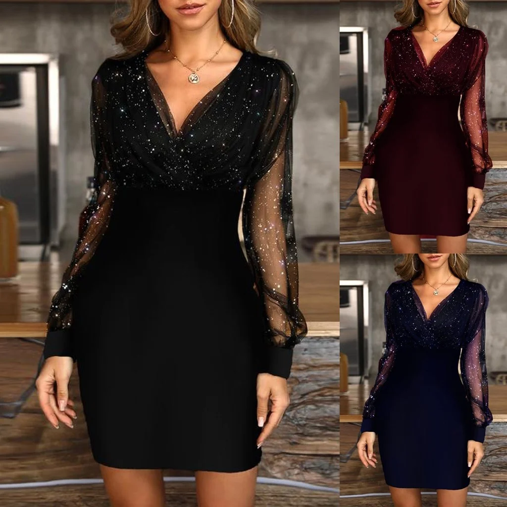 

Fashion Elegant Sexy Bag Hip Midi Casual Dress Women Black Retro Gazue Sequins Long Sleeved Female Dresses Party Culb Dress