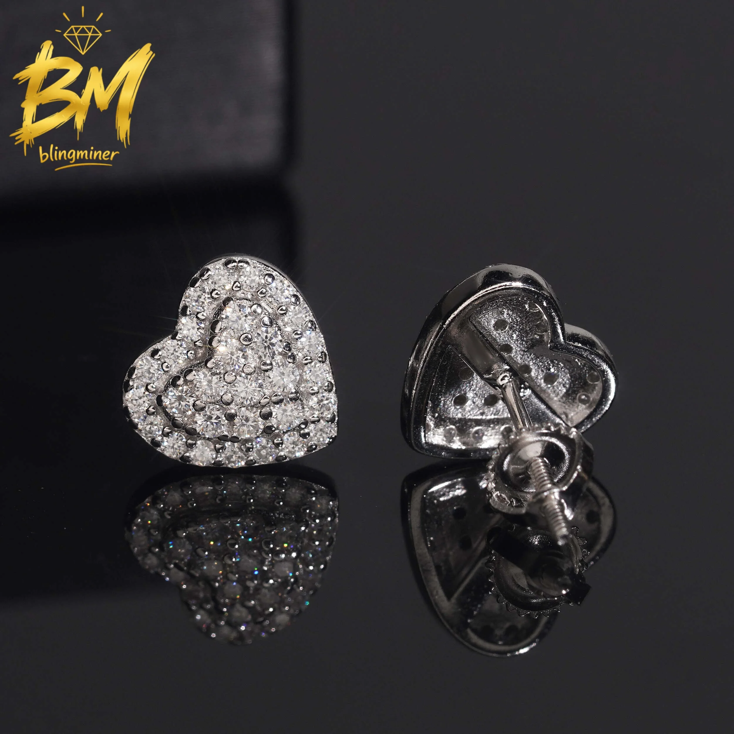 Фото Серьги Blingminer Heart Design VVS Moissanite для мужчин и женщин, серебряные серьги-гвоздики S925, прошедшие проверку на алмазы, GRA, бесплатная доставка №5