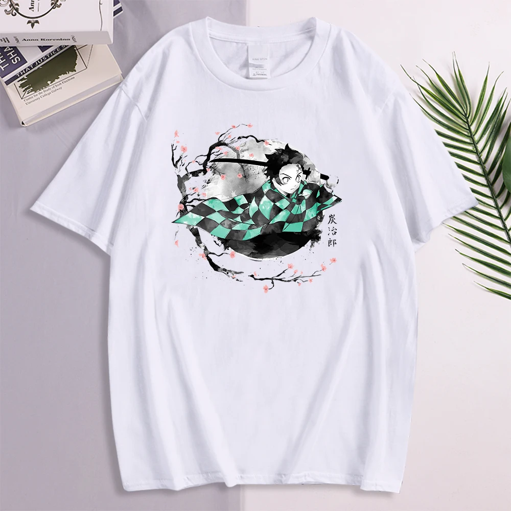 

Футболка мужская с принтом из японского аниме, повседневная тенниска с круглым вырезом, с принтом демонов, рассекающих Tanjiro