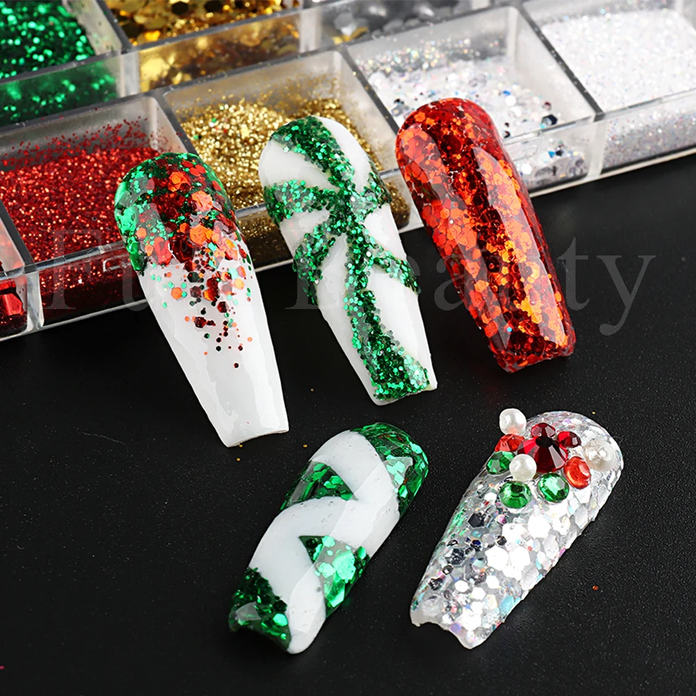 Christmas Decoration 2022 Red Green Nail Glitter Mixed Hexagon Snowflakes White Sugar Nail Powder Gold Sequin Paillettes NTLPS-D