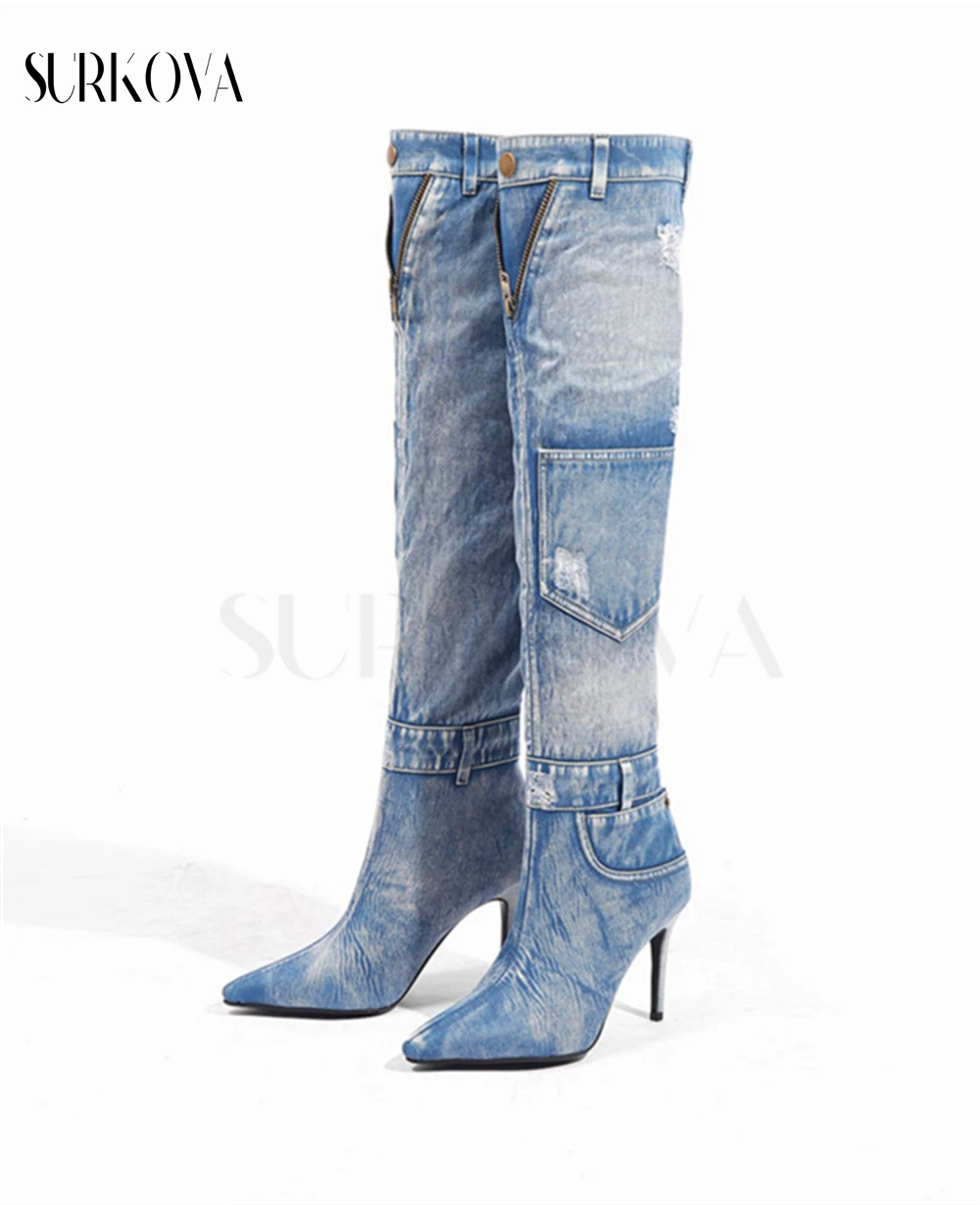 2023 New Denim Boots Over-The-Knee Boots Washed and Scratched Elegant Stilettos High-Heeled Knight Boots Women's Fashion Shoes