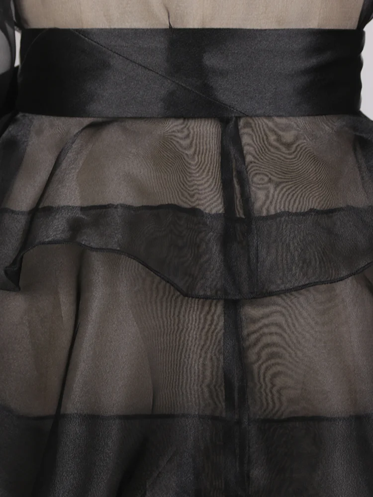 Fashion Women Black Party Dress Sexy See Through Long Sleeve Ruffle Dresses Birthday Event Celebrity Vestidos Gowns Big Size XL