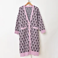 violet plaid jacquard v neck single breasted sweater 2022 spring and summer new commuter loose mid length coat high quality